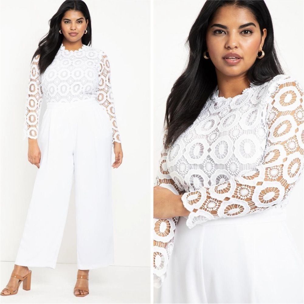 Eloquii White Lace Long-Sleeve Wide-Leg Jumpsuit